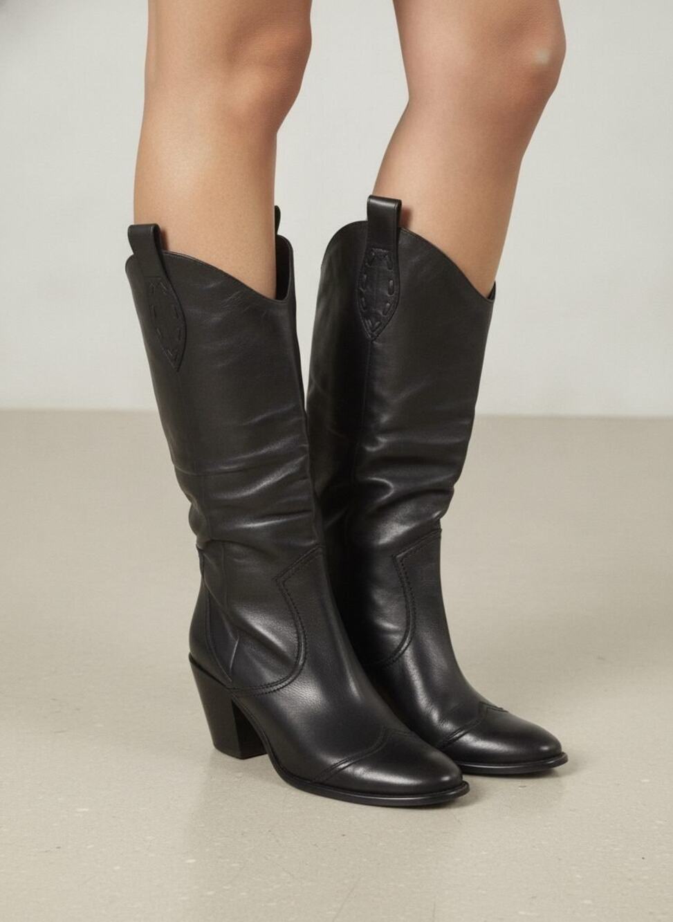 BCBGeneration Black Leather Mid‑Calf Western Slouchy Boots, 7.5